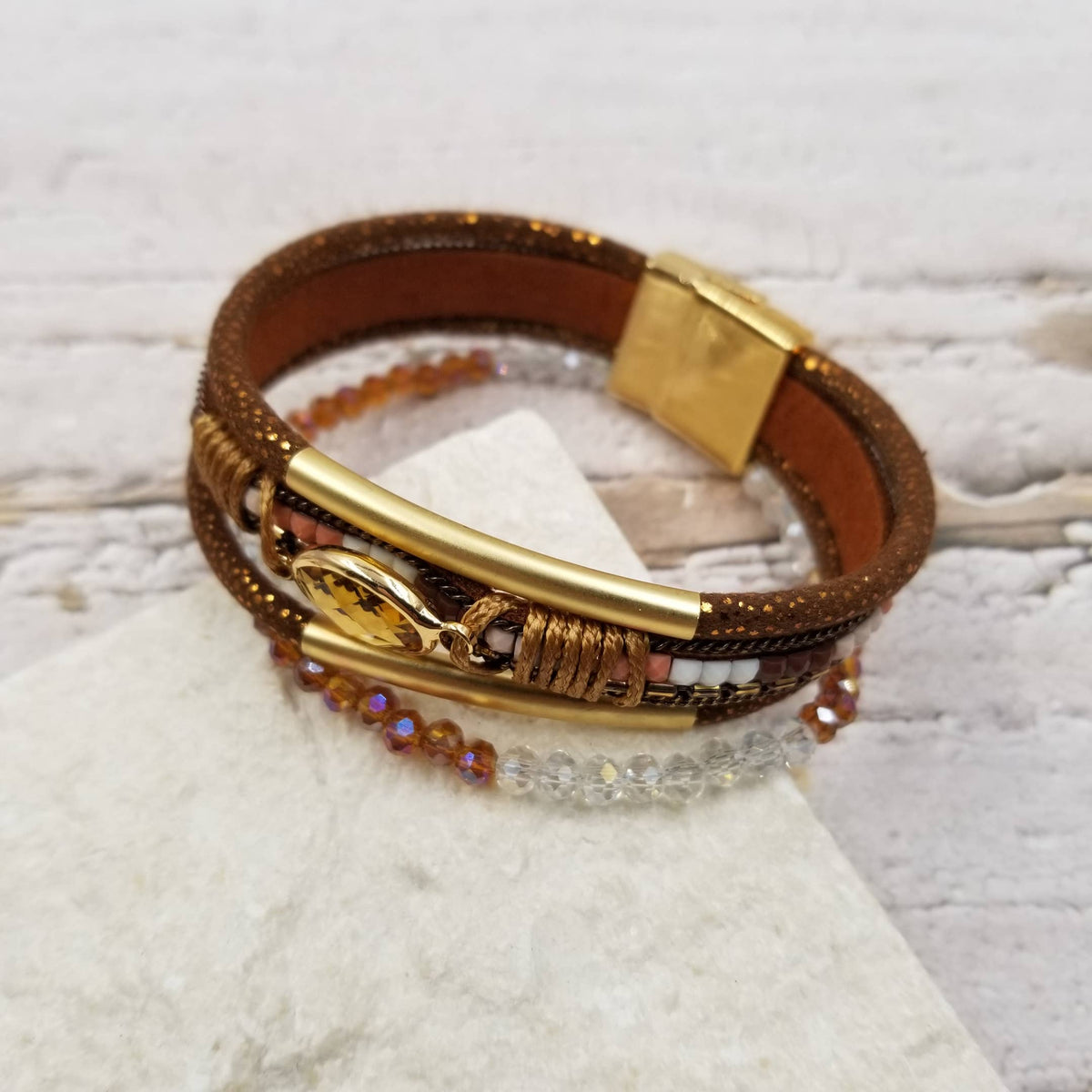 Multi Layer Bohemian Seed Bead Leather Magnetic Bracelet