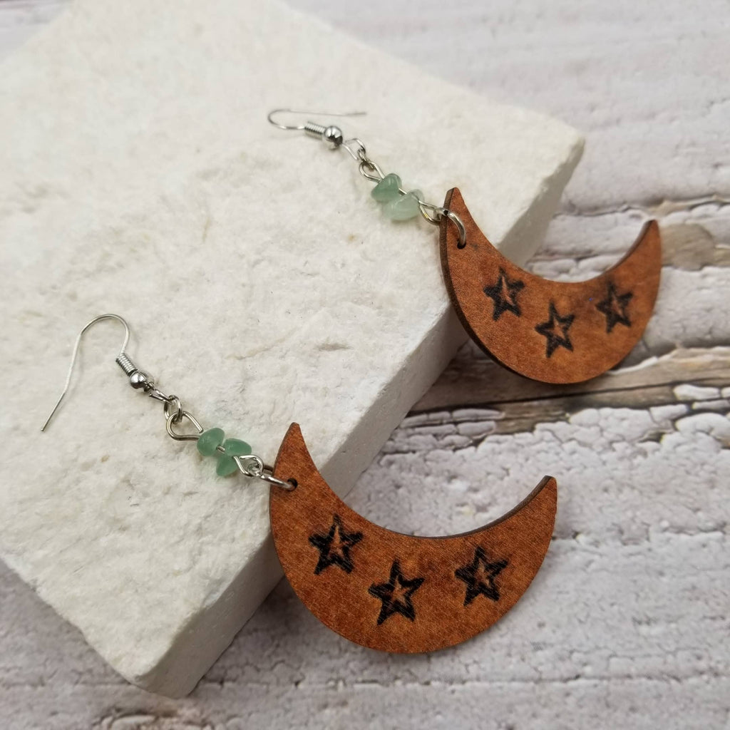 Natural Stone Moon Wood Earrings