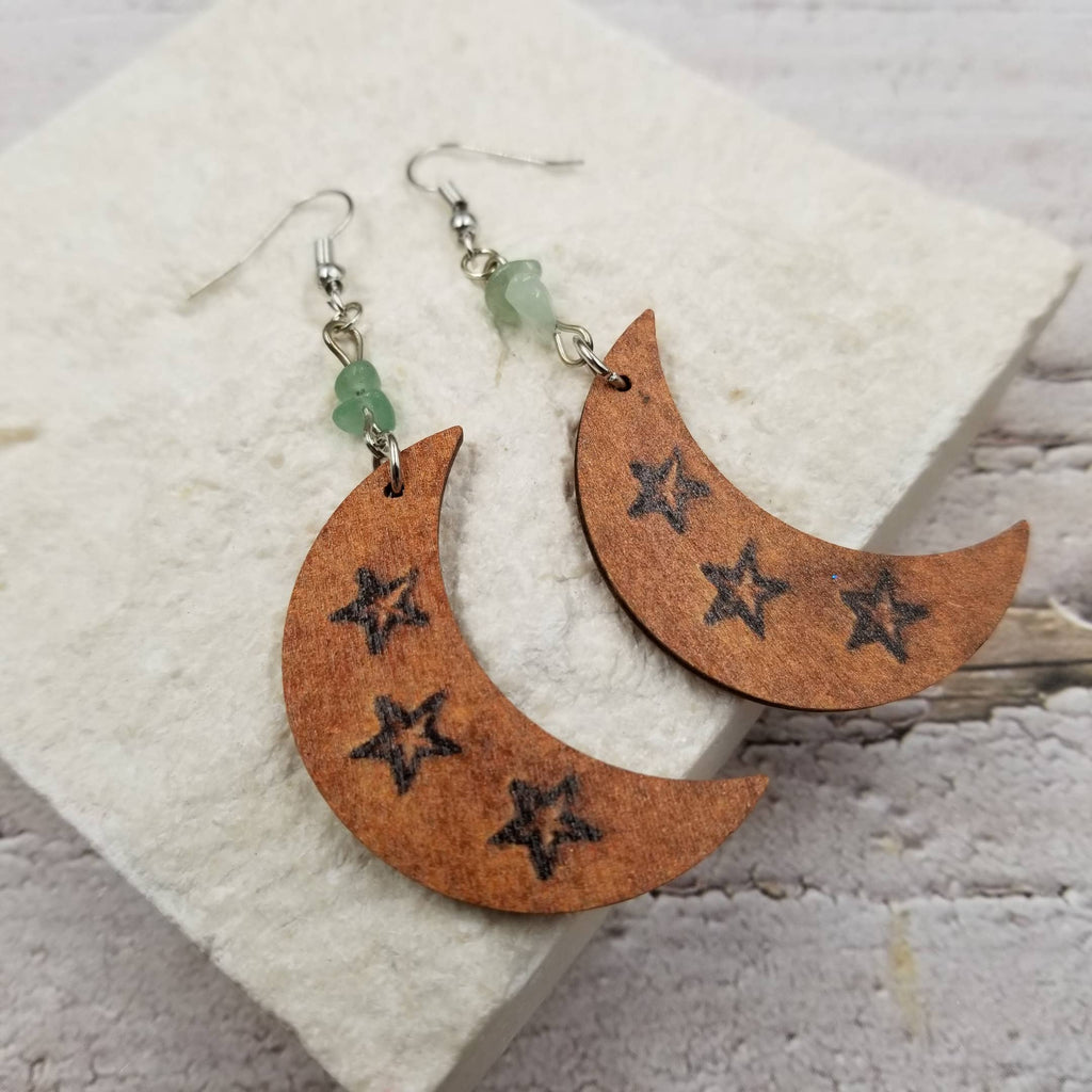 Natural Stone Moon Wood Earrings