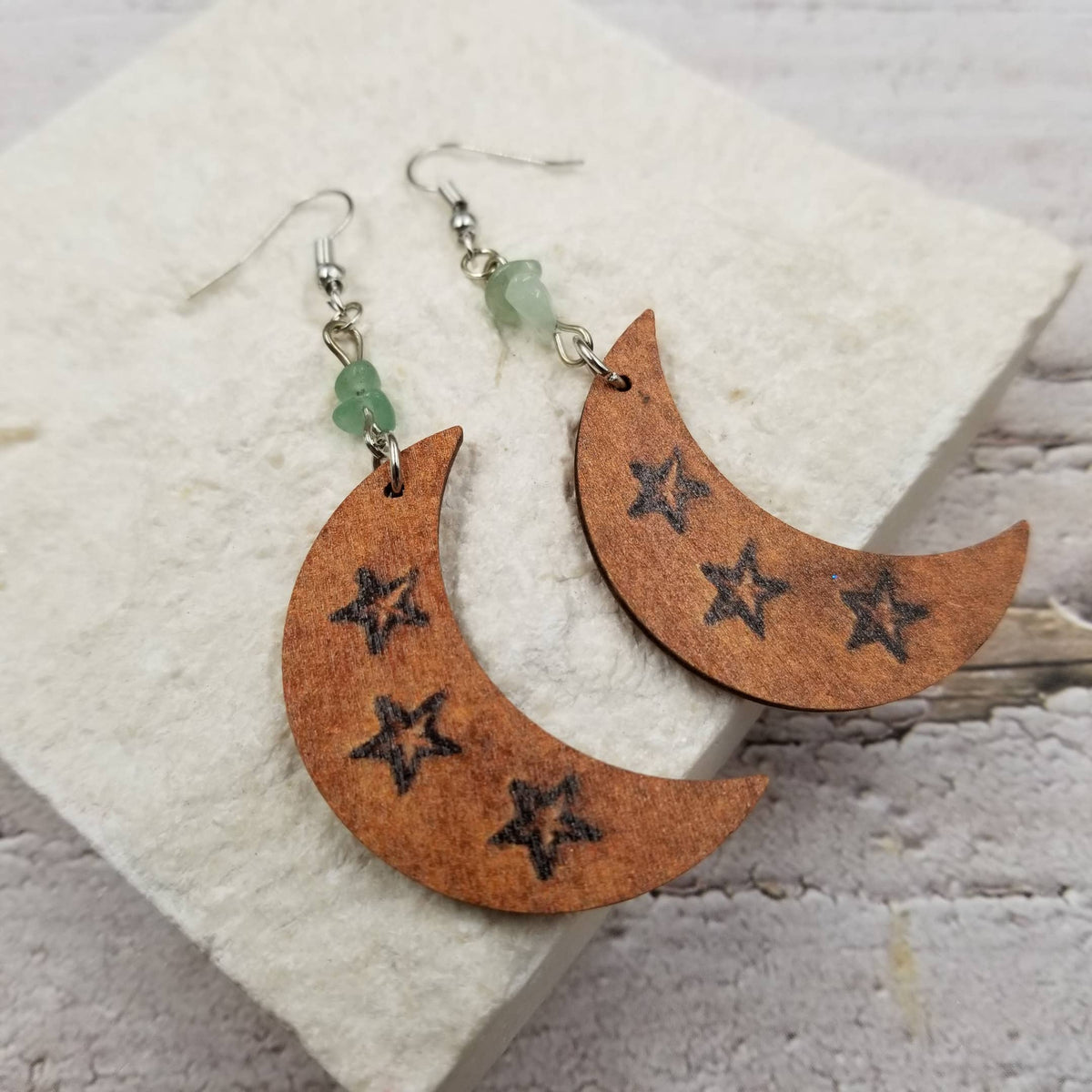 Natural Stone Moon Wood Earrings