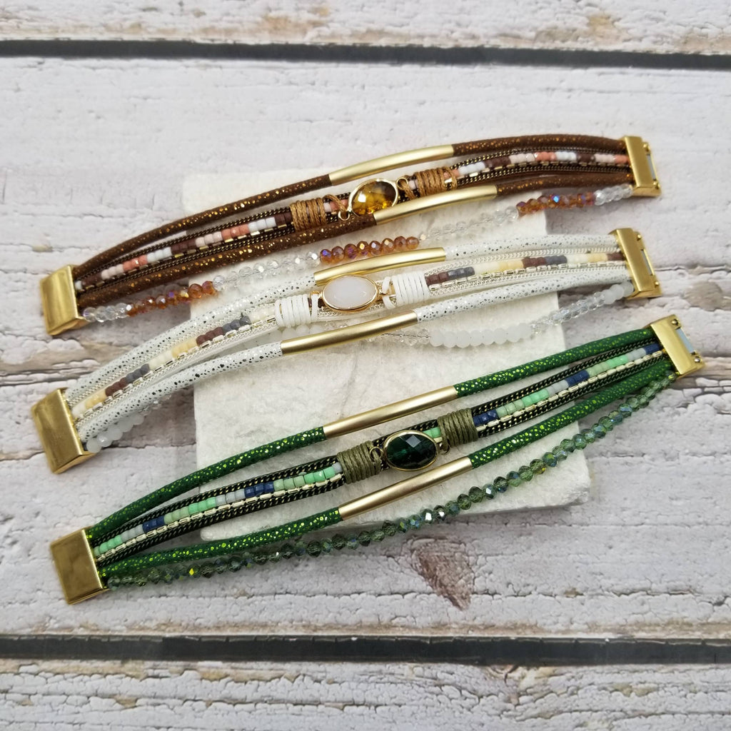 Multi Layer Bohemian Seed Bead Leather Magnetic Bracelet
