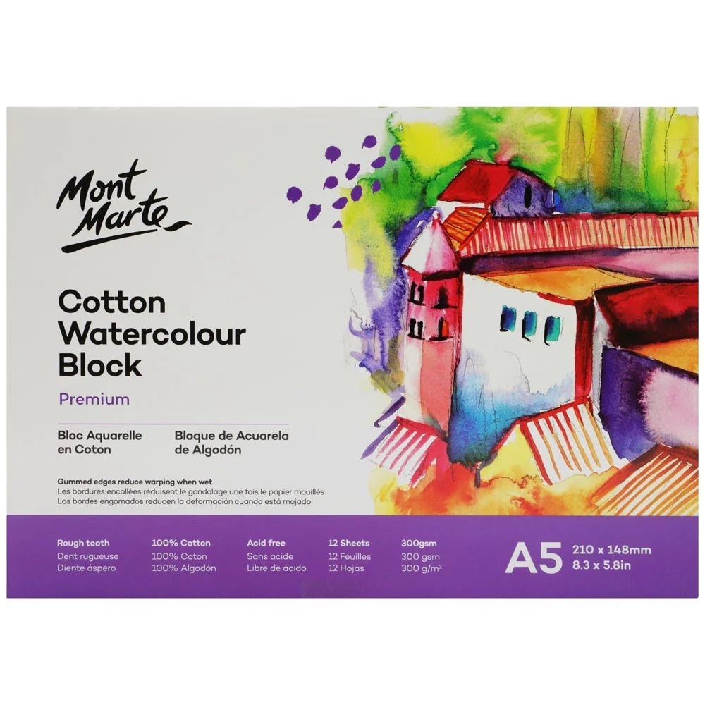 Cotton Watercolor Paper Block Premium 300gsm A5 (8.3 x 5.8in) 12 Sheet